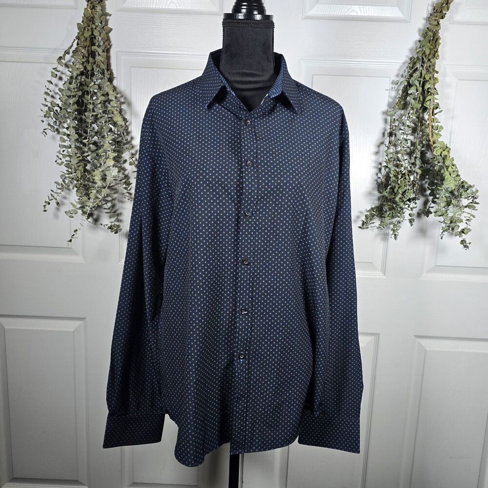 Rugby University Navy Patterned Button-up Long Sleeve Stretch Large